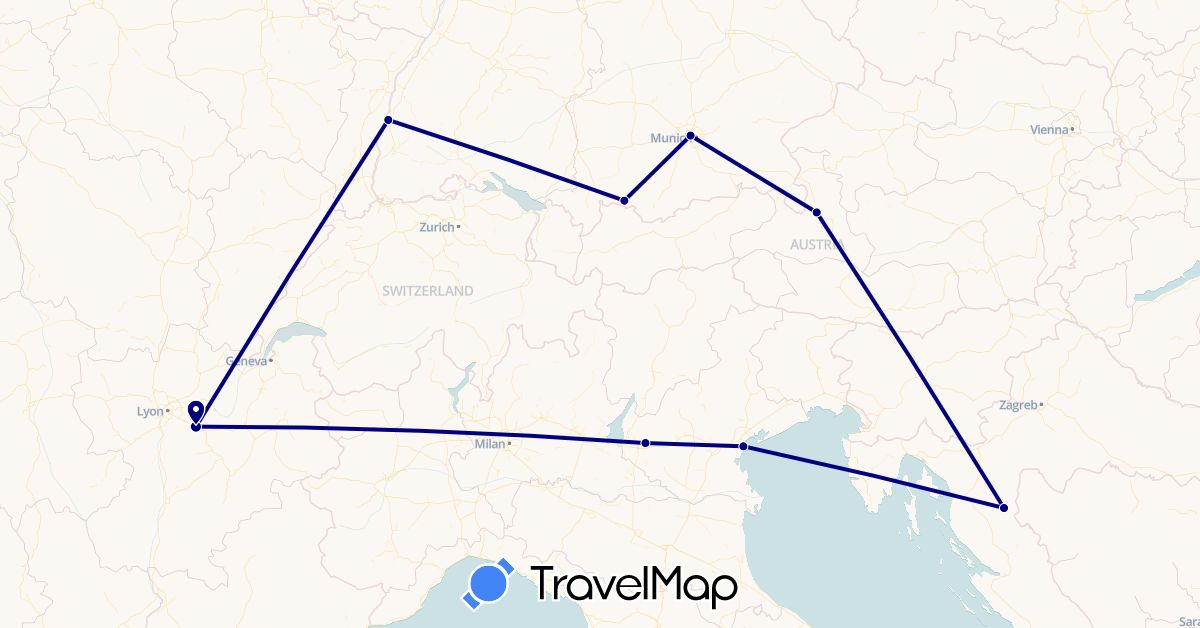 TravelMap itinerary: driving in Austria, Germany, France, Croatia, Italy (Europe)